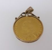 A Victoria 1887 two pound gold coin mounted as a pendant, total weight 19.2gms.