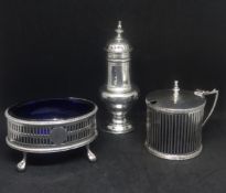 Three piece cruet set (not matched) early 20th Century including mustard pot and table salt of