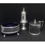 Three piece cruet set (not matched) early 20th Century including mustard pot and table salt of