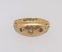 An 18ct antique sapphire and diamond gypsy style ring, finger size N.