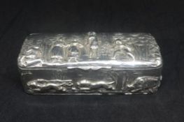 Edwardian silver rectangular box embossed with figures, hunt scene landscape, approx. 90 x 14 x