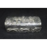 Edwardian silver rectangular box embossed with figures, hunt scene landscape, approx. 90 x 14 x