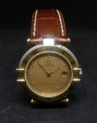 Omega, Constellation, a gents medium size with date and leather strap wristwatch, the back plate