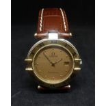 Omega, Constellation, a gents medium size with date and leather strap wristwatch, the back plate