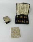 A silver matchbox case, a set of six silver teaspoons James Dixon and Son cased, also a mother of