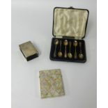 A silver matchbox case, a set of six silver teaspoons James Dixon and Son cased, also a mother of