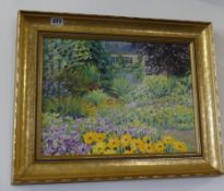 Ros Wiley, oil on board 'The Garden House, Buckland Monochorum', signed, 30cm x 40cm together with