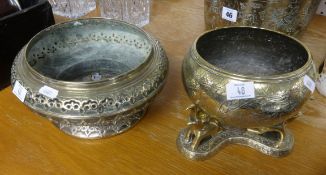 An Indian brass centrepiece on stand, with three kneeling elephants, height 14cm, together with a