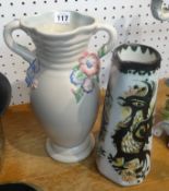 Clarice Cliff, 'My Garden' pattern vase height 33cm, together with an art pottery tall jug signed
