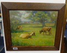 English School oil on board 'Cattle in a Field', unsigned, 25cm x 30cm.