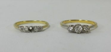 A three stone diamond set ring set in unmarked yellow metal together with another 18ct four stone