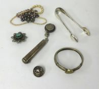 A silver holder and sovereign case and other items including pair of silver sugar tongs.