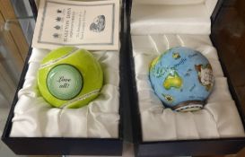 Halcyon Days, two bonbonnieres, tennis ball and globe (Millennium collection), boxed.