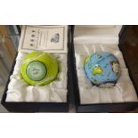 Halcyon Days, two bonbonnieres, tennis ball and globe (Millennium collection), boxed.