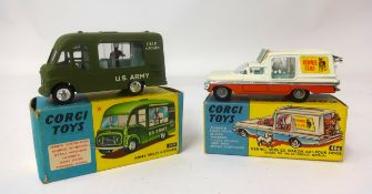 Corgi, 486 Kennel service wagon and 359 Commer army field kitchen, military green body with light