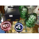 Five paperweights including a pair of dump weights, Caithness Spindreath limited edition boxed