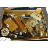 A set of miniature gold scales boxed, two marine telescopes including an antique 5 pull brass and