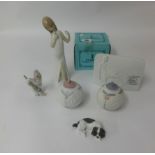 Lladro, 1988 Christmas bell, two Lladro baubles, figures and plaque (7), one boxed.