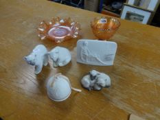 Two Lladro polar bears, Lladro plaque and bell, Royal Copenhagen sheep group and two times