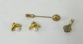 A pair of 18ct and pearl mounted earrings, a 9ct pendant and a 9ct ruby set tie pin (4).