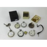 An antique pocket watch box together with an assortment of various pocket watches and parts,