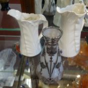 Two 20th century Worcester white porcelain jugs, a glass and silver overlay vase, height 13cm,