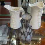 Two 20th century Worcester white porcelain jugs, a glass and silver overlay vase, height 13cm,