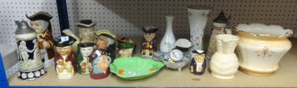 Various Tony Wood and other toby jugs, Devonware jardinière, other ornaments, patch boxes etc.