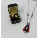 A pair of 9ct gold cameo earrings and an art deco style pendant necklace.