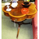 MAHOGANY AND WALNUT VENEERED SHAPED SIDE TABLE ON SINGLE PEDESTAL AND TRIPOD LEGS WITH SINGLE DRAWER