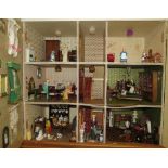 ILLUMINATED THREE STOREY DOLL'S HOUSE (NEEDS REWIRE) WITH CONTENTS AND TWO BOXES OF OTHER