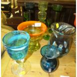 SELECTION OF COLOURED GLASSWARE INCLUDING PUKEBURG, STEMMED CANDLE HOLDERS, ETC