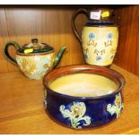 DOULTON LAMBETH JUG DECORATED WITH FLOWERS, TEAPOT WITH GILT AND FLORAL DECORATION AND DOULTON