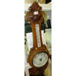 OAK MOUNTED BAROMETER AND THERMOMETER WITH ENAMEL FACE