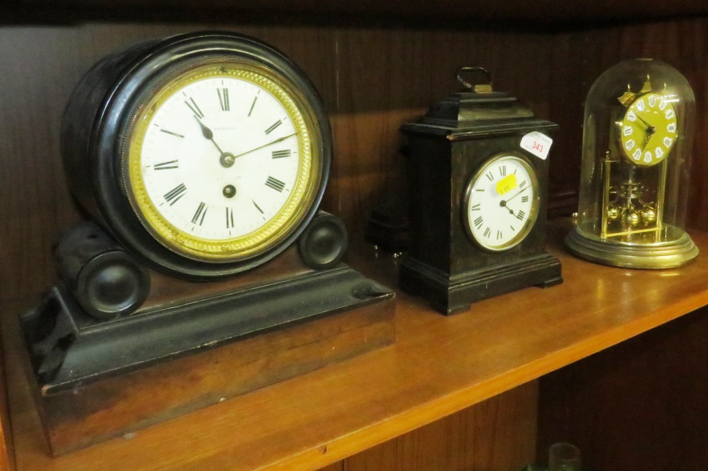 MAHOGANY VENEERED CASED MANTLE CLOCK WITH ENAMELLED DIAL MARKED 'BORELLI', TWO OTHER WOODEN CASED