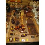 WOODEN BOWLS AND OTHER DECORATIVE ITEMS OF TREEN, TWO FABRIC PRINTING BLOCKS, NESTING DOLLS AND