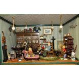 ILLUMINATED DOLL'S HOUSE MINIATURE ANTIQUES SHOP WITH CONTENTS