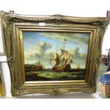 OIL ON BOARD OF GALLEON SIGNED S WILSON LOWER RIGHT IN HEAVY DEEP SET GILT FRAME