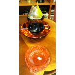 LARGE COLOURED STUDIO GLASS OVOID VESSEL, SUBSTANTIAL ORANGE AND BLUE GLASS HEAVY ASHTRAY AND