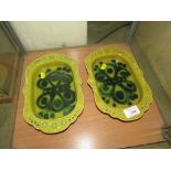 PAIR OF JOHN FFRENCH FOR ARKLOW POTTERY SHALLOW DISHES IN PATTERNED GREEN AND METALLIC GLAZES (