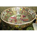 LARGE FAR EASTERN CERAMIC BOWL DECORATED WITH ORIENTAL FIGURES, BIRDS AND FLOWERS TO OUTSIDE AND