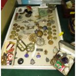 FRAME OF MOUNTED MILITARY BADGES AND BUTTONS INCLUDING RAF, 1936 BERLIN OLYMPICS PIN BADGE, MILITARY