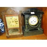 BLACK SLATE MANTLE CLOCK WITH ENAMEL CHAPTER AND DIAL (A/F), TOGETHER WITH WOODEN CASED CHIMING