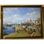 LARGE FRAMED REPRODUCTION OIL ON CANVAS 'THE QUAY OF THE PIAZZETA' AFTER CANALETTO (1697-1776)