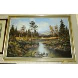 FRAMED OIL ON CANVAS OF WOODLAND AND RIVER SIGNED LOWER LEFT JOHN CORCORAN