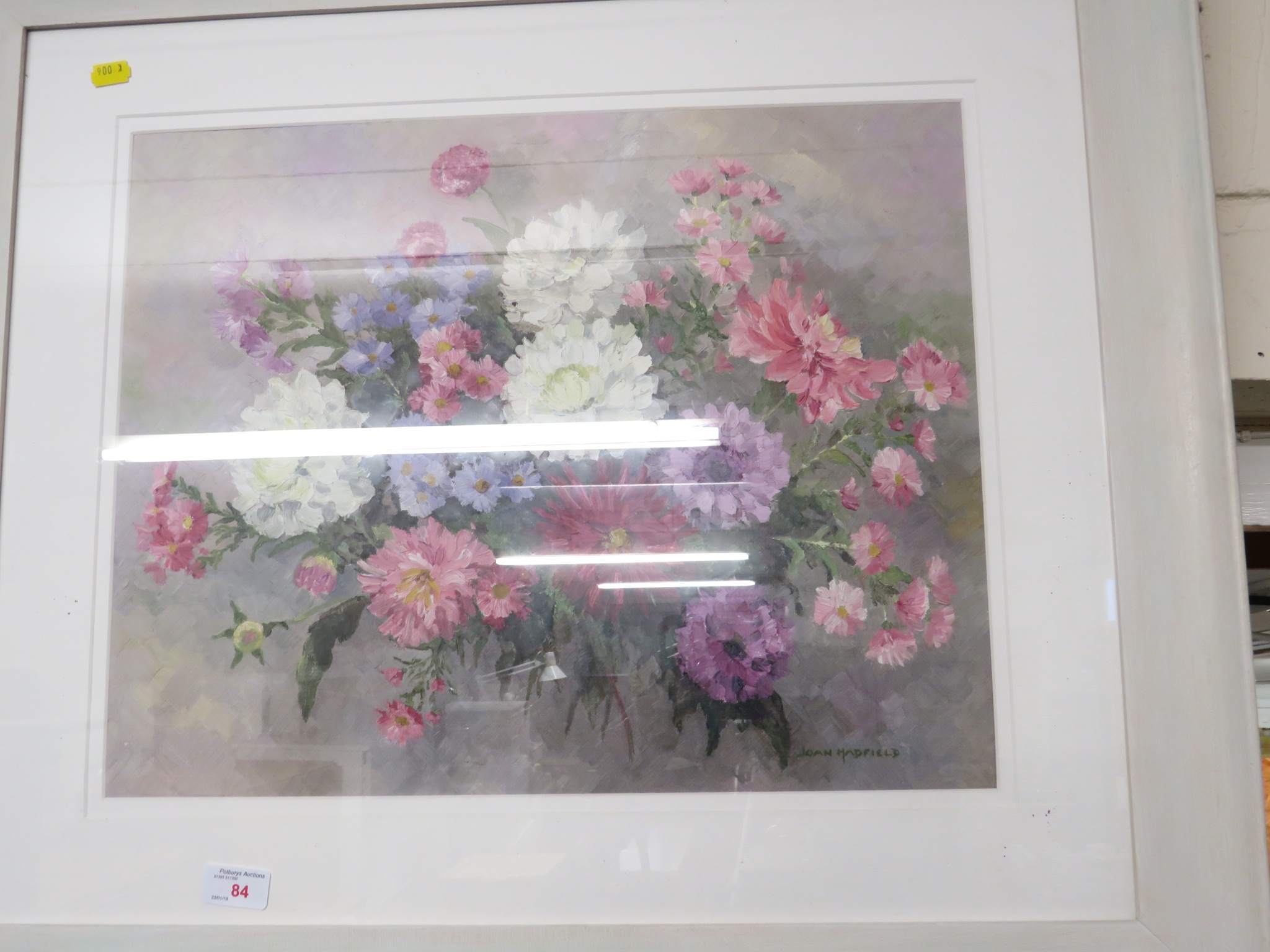 FRAMED AND GLAZED STILL LIFT PAINTING OF FLOWERS SIGNED LOWER RIGHT JOAN HADFIELD