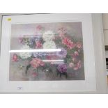 FRAMED AND GLAZED STILL LIFT PAINTING OF FLOWERS SIGNED LOWER RIGHT JOAN HADFIELD