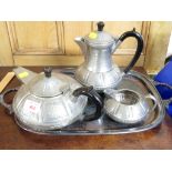 CRAFTSMAN PEWTER TEAPOT, COFFEE POT AND MILK JUG, TOGETHER WITH METAL TRAY