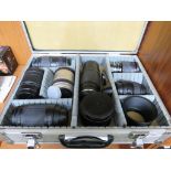 METAL CASE WITH CONTENTS OF LENSES - MINOLTA 2 X TELE CONVERTER VLT-501, NIKON DX 18-55MM DX SWM ED,