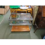 THREE TIER COFFEE TABLE WITH METAL FRAME AND GLASS SHELVES